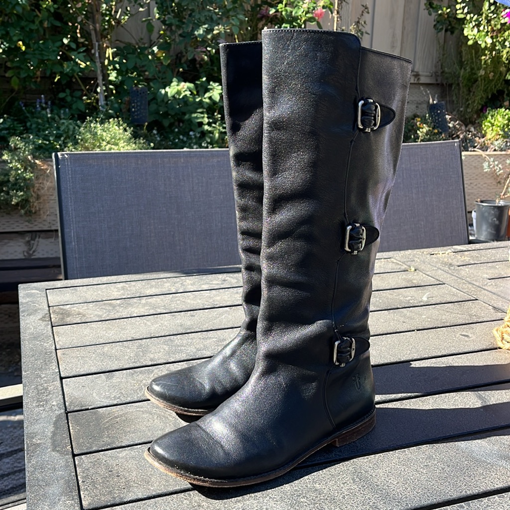 Fryes Vintage Flat Moto Buckle Tall Below The Knee Riding Leather Soft Boots